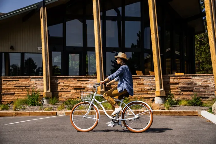 a woman riding a bicycle