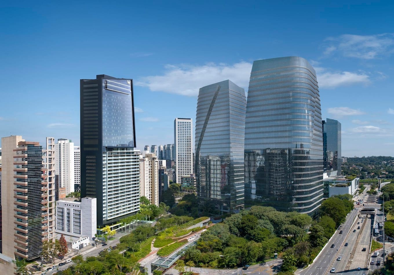 a group of tall buildings in a city