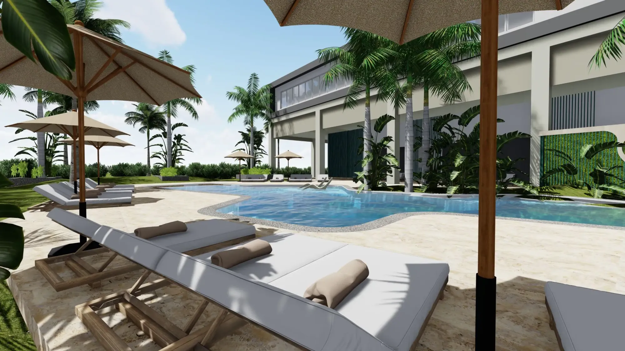 a pool with lounge chairs and umbrellas