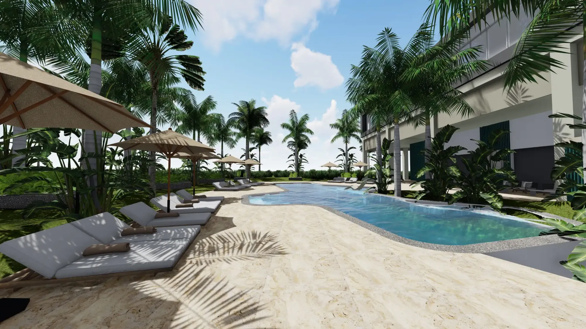 a pool with umbrellas and lounge chairs