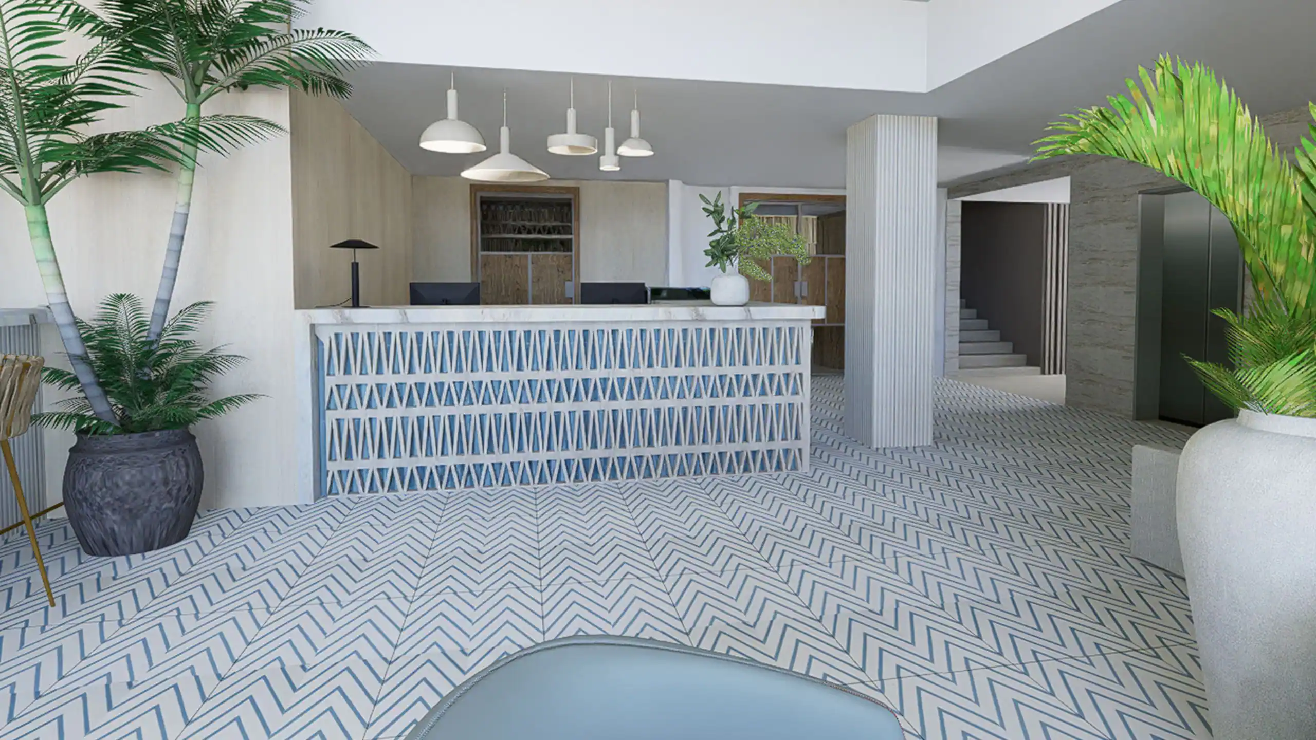 a lobby with a white and blue patterned floor