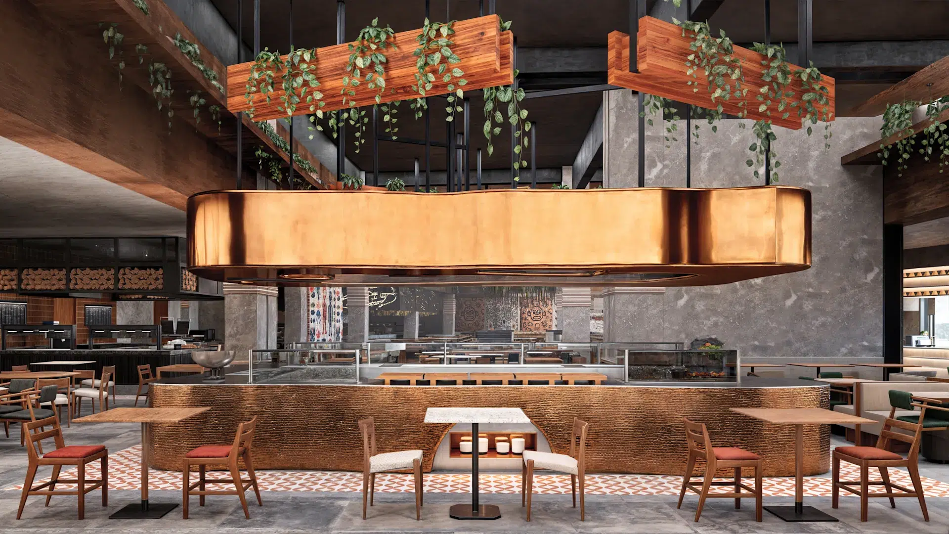 a restaurant with a large bar and tables