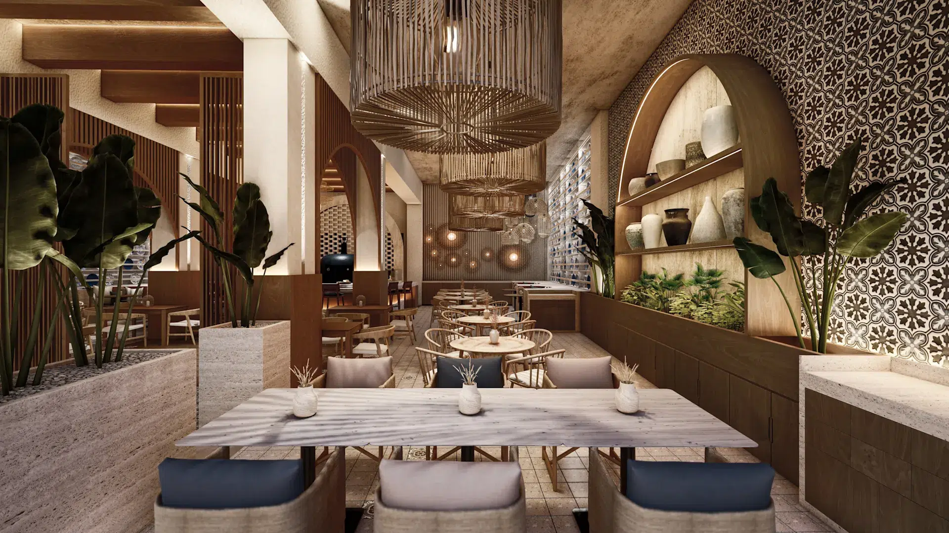 a room with tables and chairs