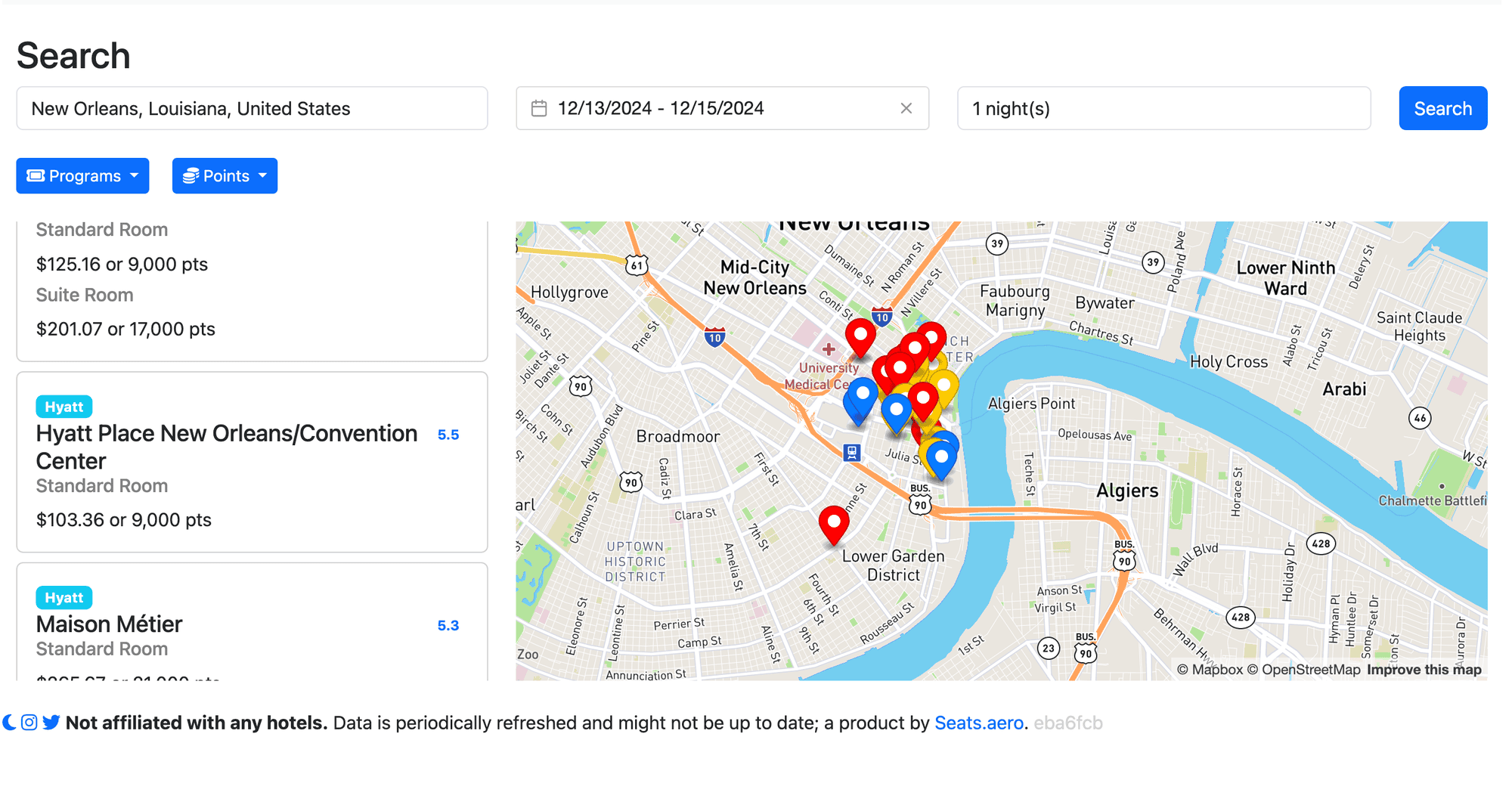 a map of a city with red and blue pins
