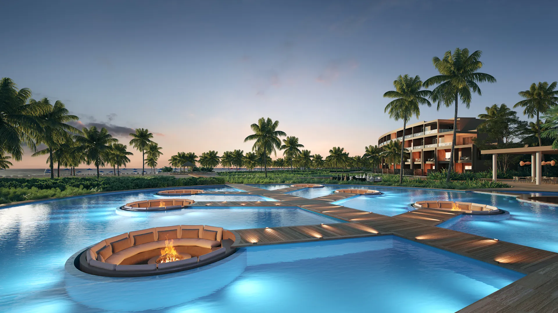 a pool with a fire pit and palm trees