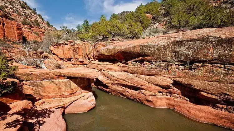 a river in a canyon with Slide Rock State Park in the background