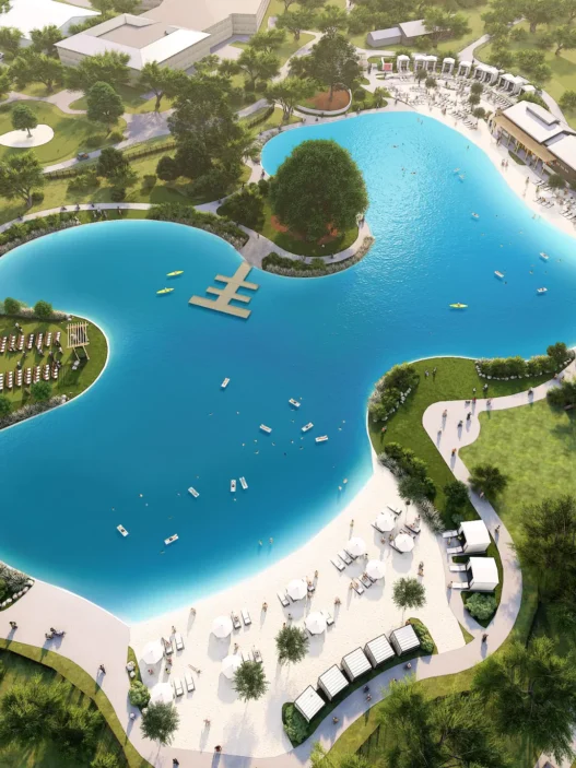 a swimming pool with people and trees