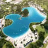 a swimming pool with people and trees