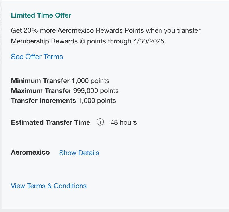Current transfer bonus between Amex and Aeromexico - Source: Amex