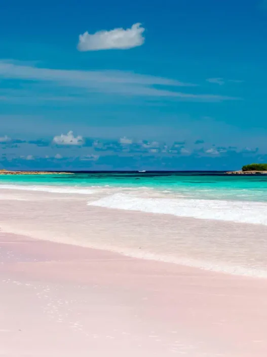 a beach with pink sand and blue water