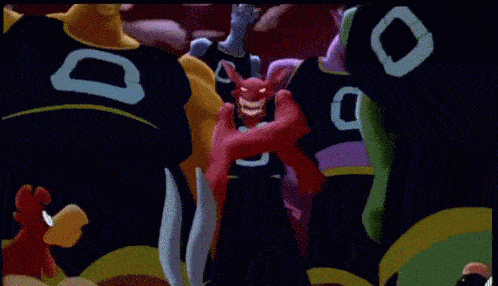 a cartoon of a red devil in a group of basketball uniforms
