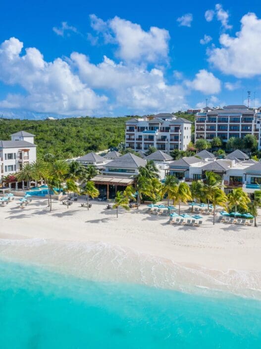 a beach with buildings and palm trees