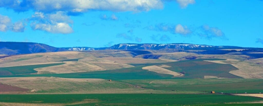 a landscape with hills and mountains in the background