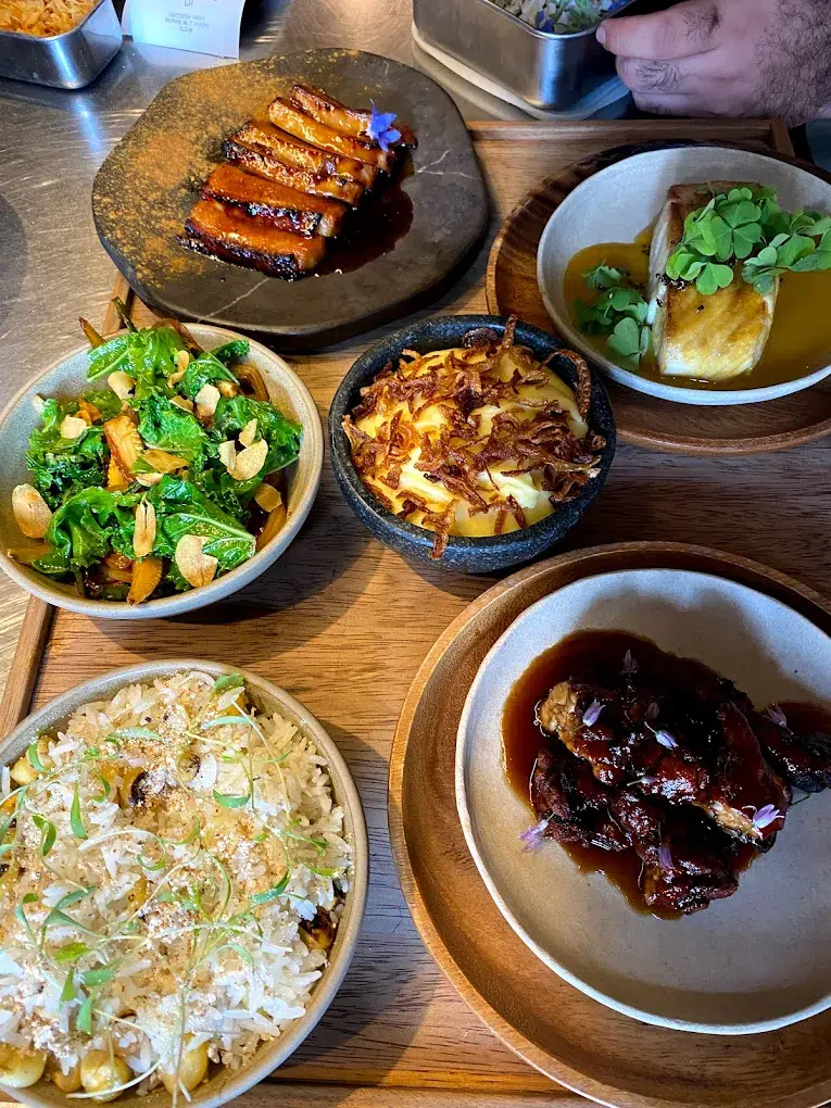 a table with plates of food
