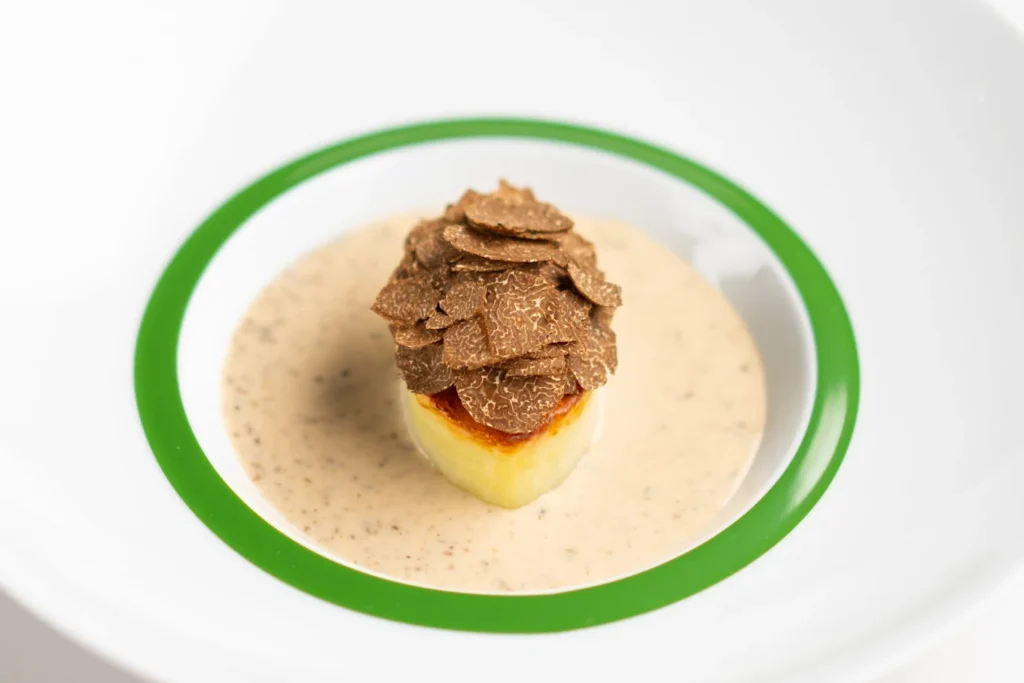 a plate of food with a green border