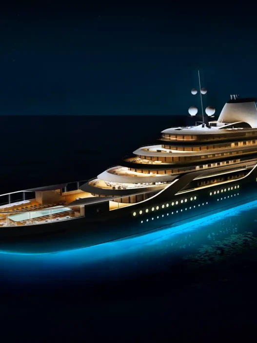 a large cruise ship lit up at night