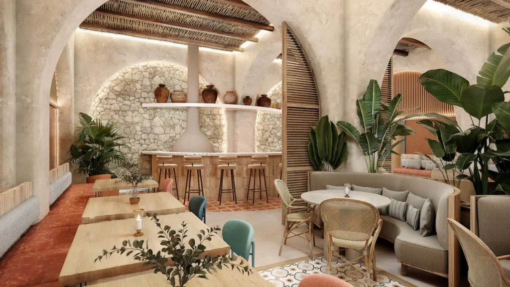 a room with tables and chairs