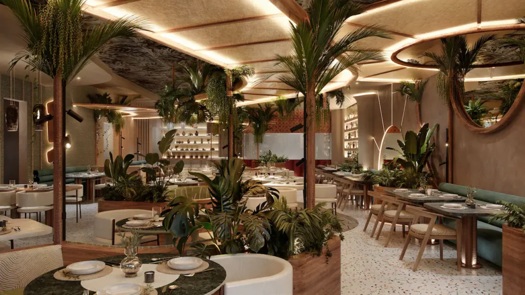 a restaurant with tables and chairs