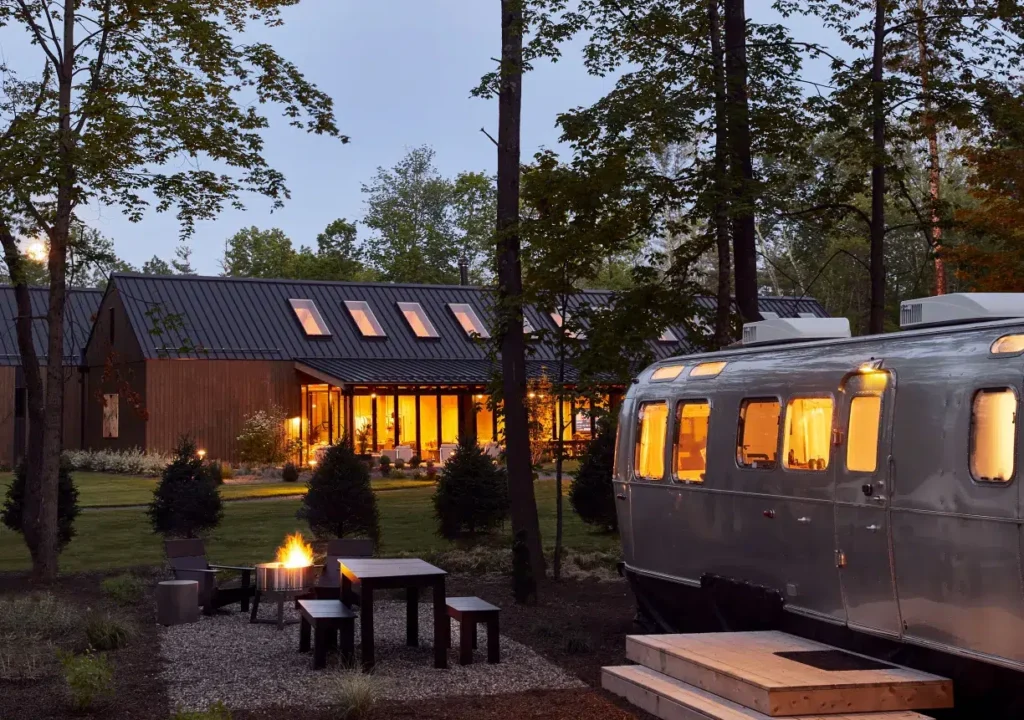 a camper in front of a building