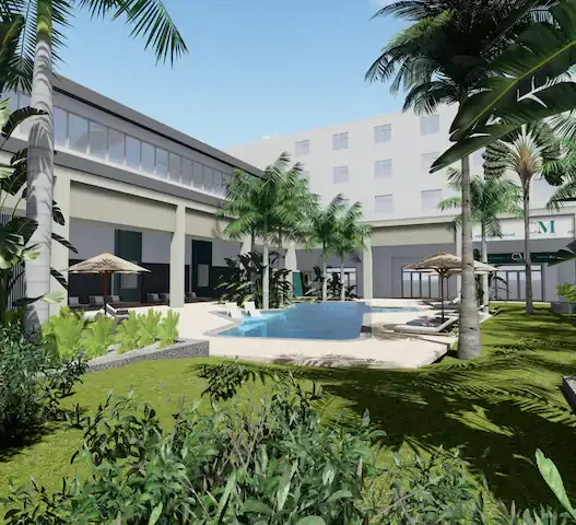 a pool in a courtyard of a building