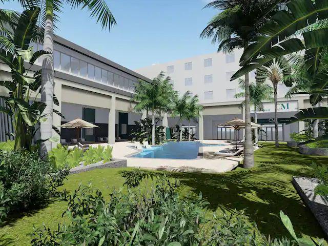 a pool in a courtyard of a building