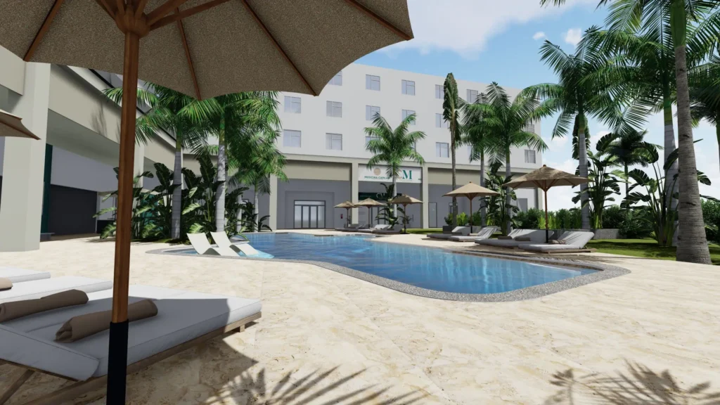a pool with umbrellas and lounge chairs in front of a building
