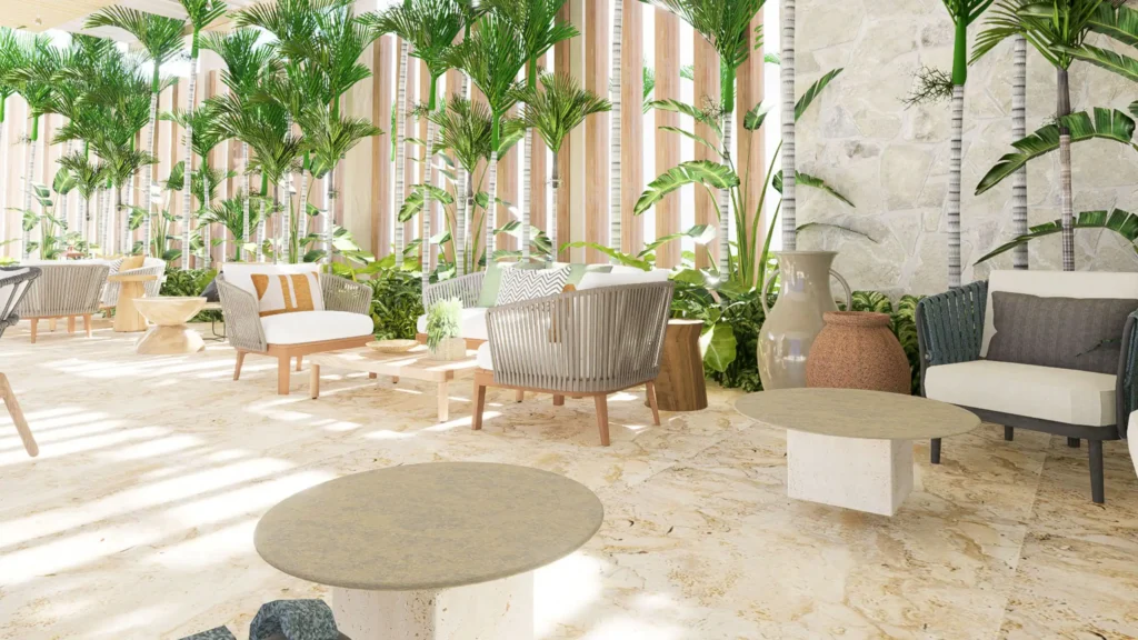 a patio with chairs and tables