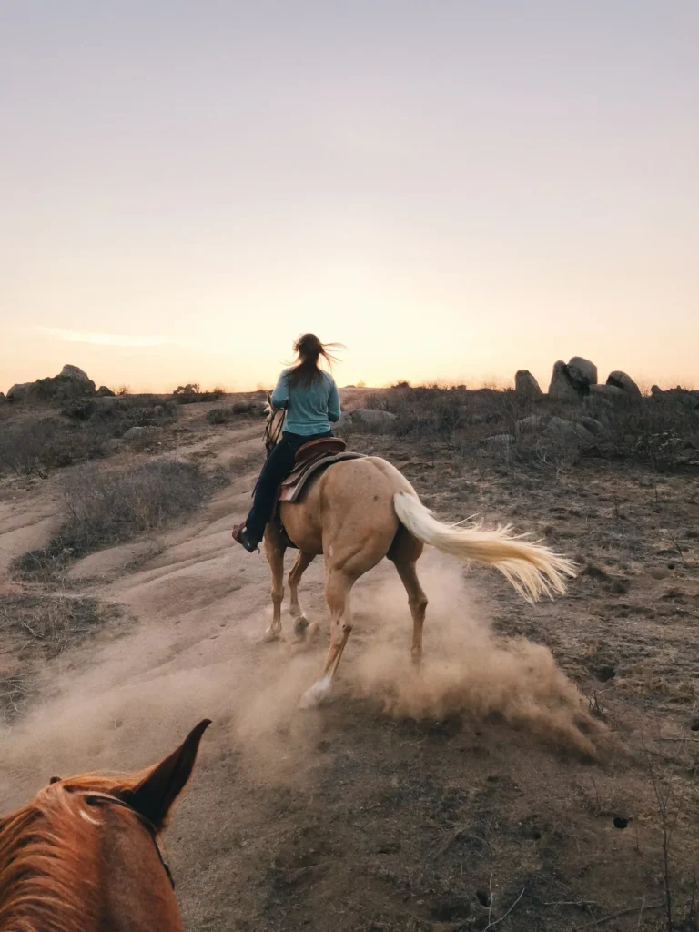 a woman riding a horse on a dirt road