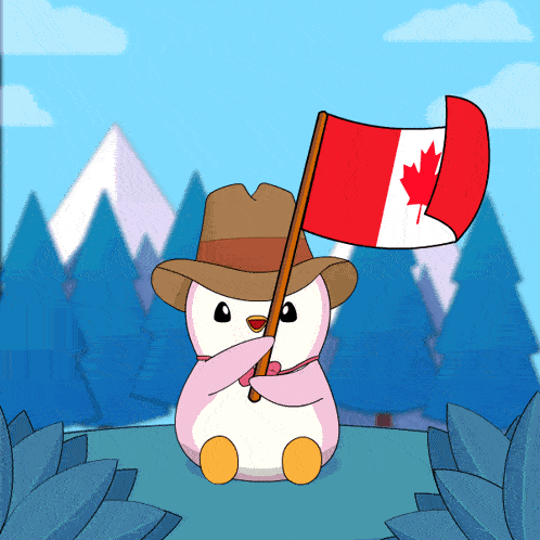 a cartoon penguin holding a flag