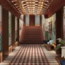 a staircase with art on the wall
