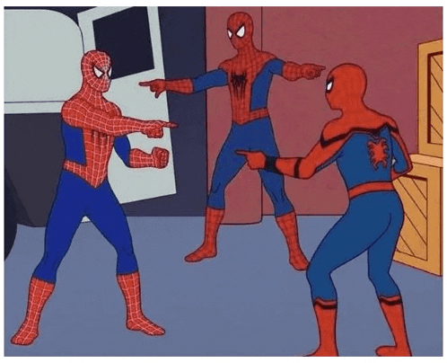 a group of people in clothing pointing at each other